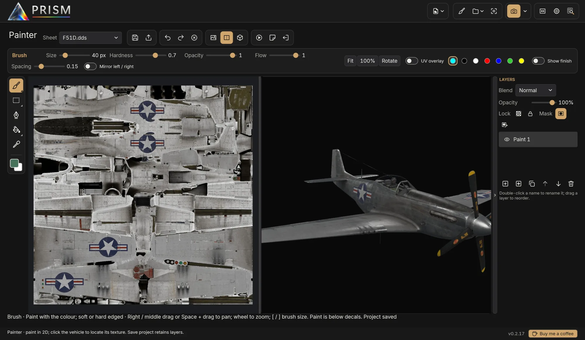 The Painter: the F-51D skin sheet beside the 3D model, with the layers panel