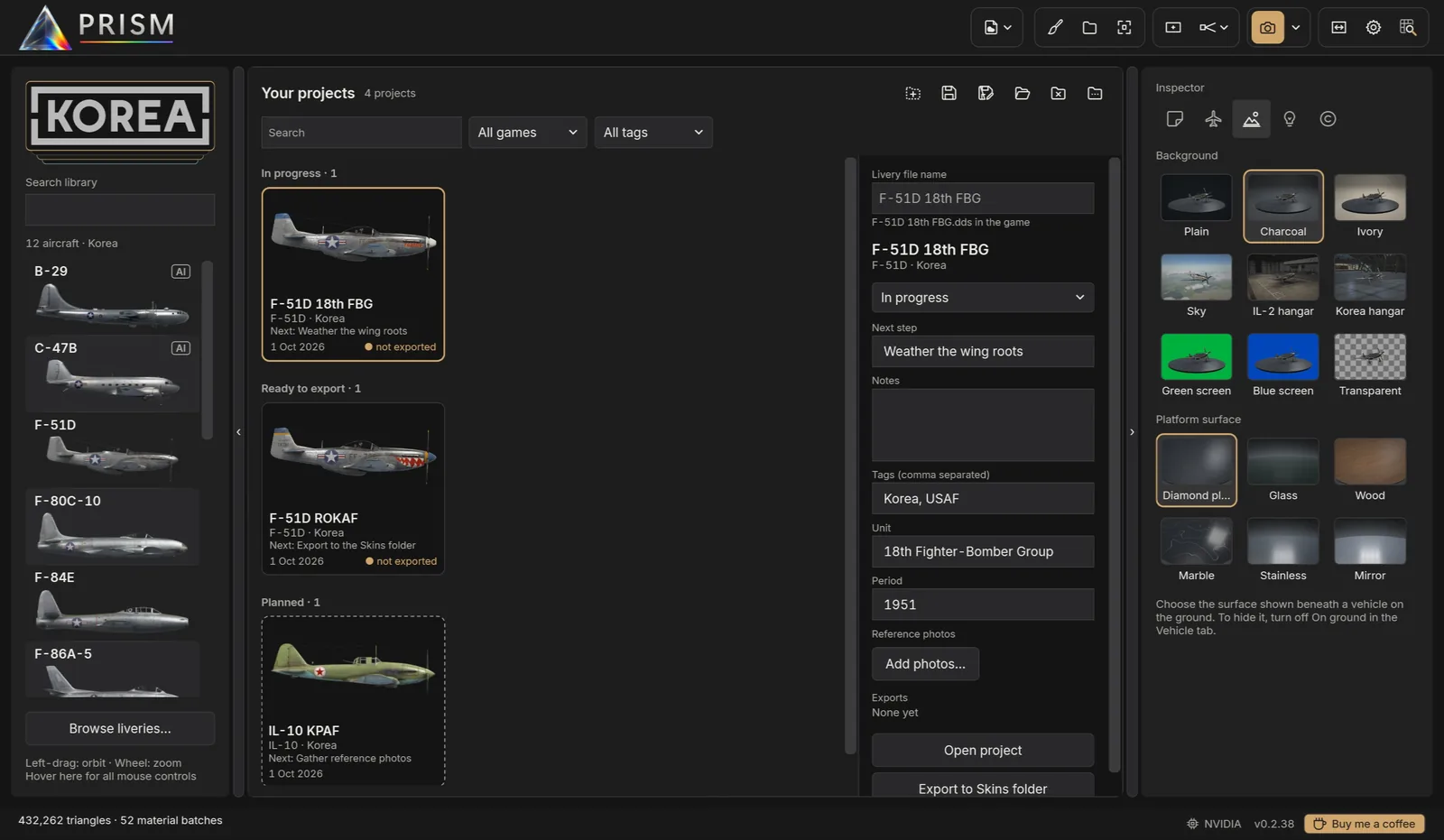 The projects page: cards for each livery, with a project's details on the right