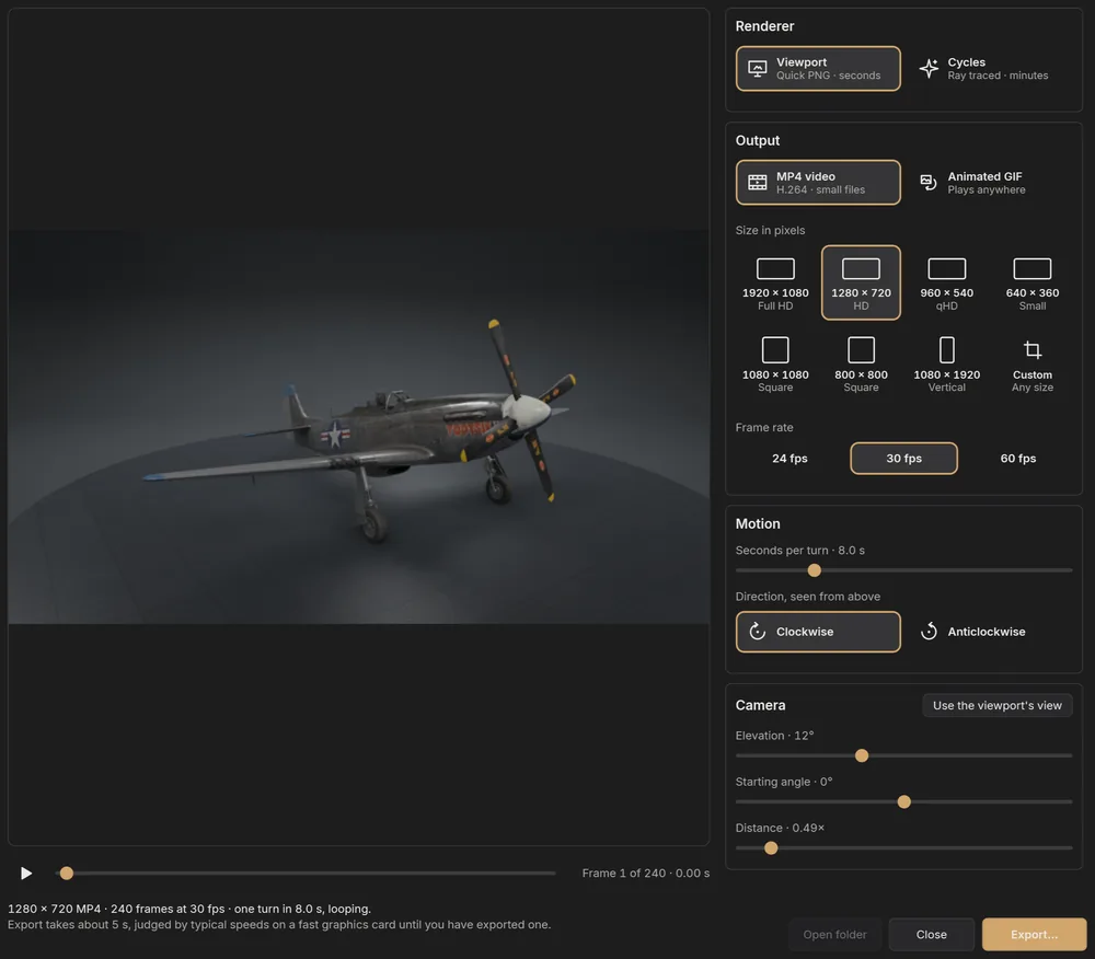The turntable window: preview, renderer, size and camera