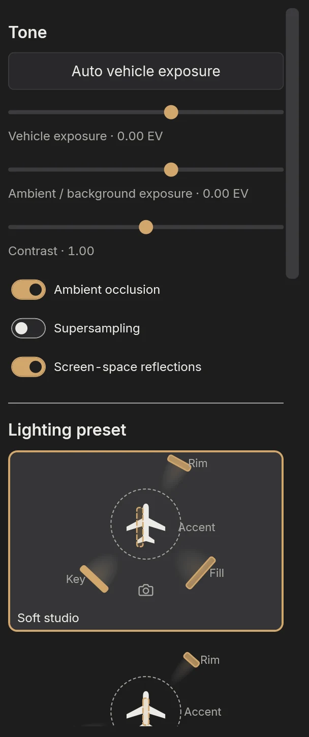 The Lighting inspector's tone controls and a lighting preset diagram