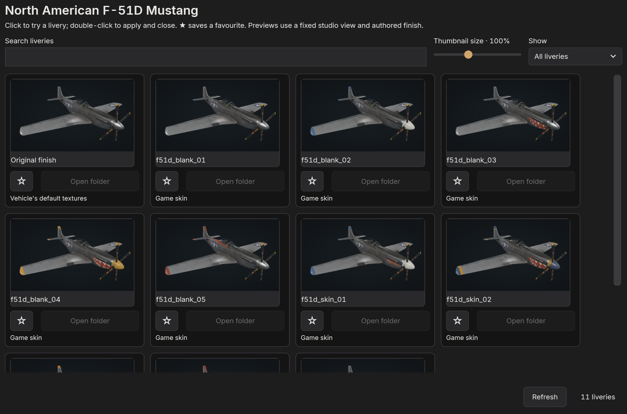 The livery browser for the F-51D
