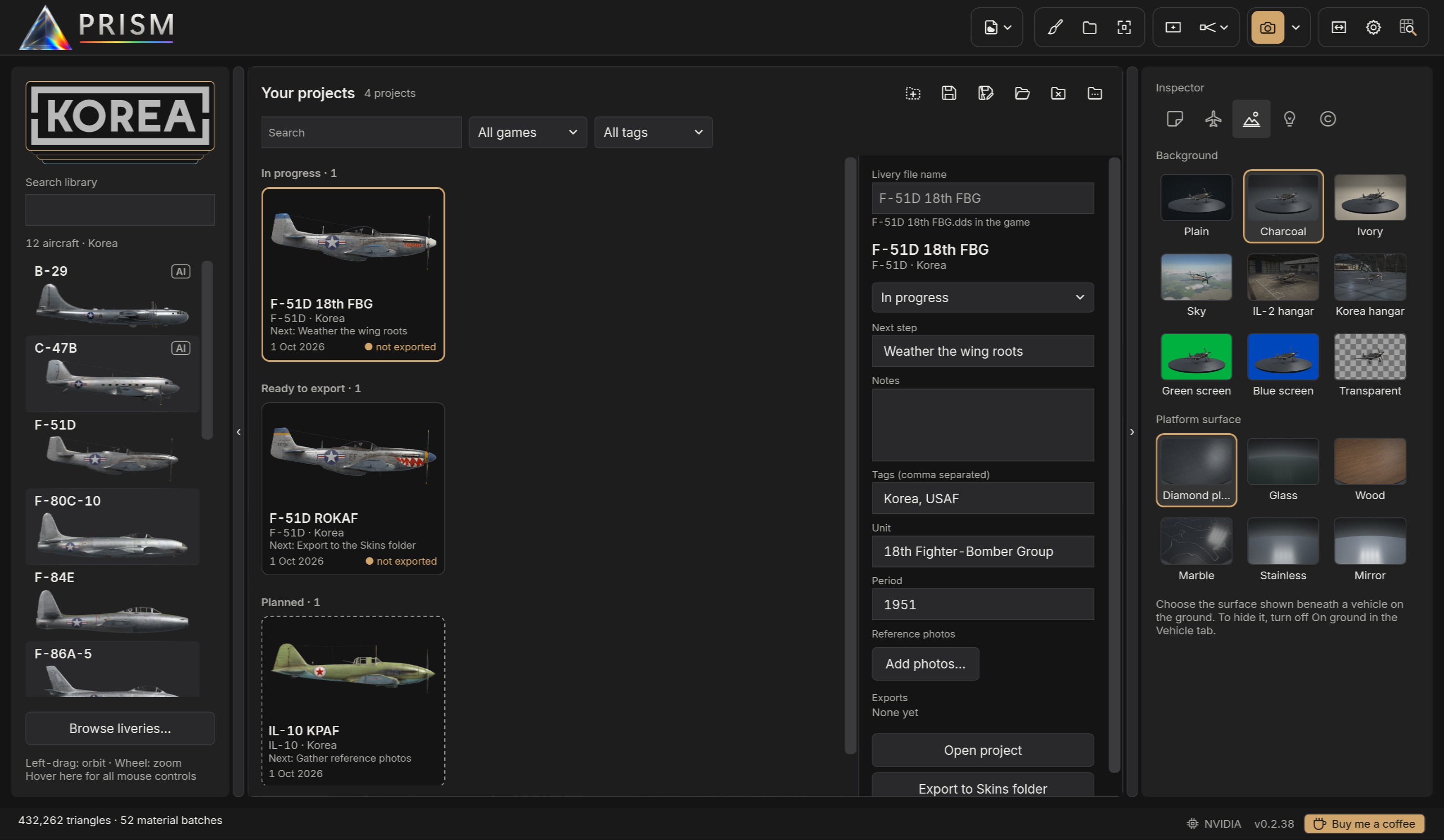 The projects page, with a project's details on the right