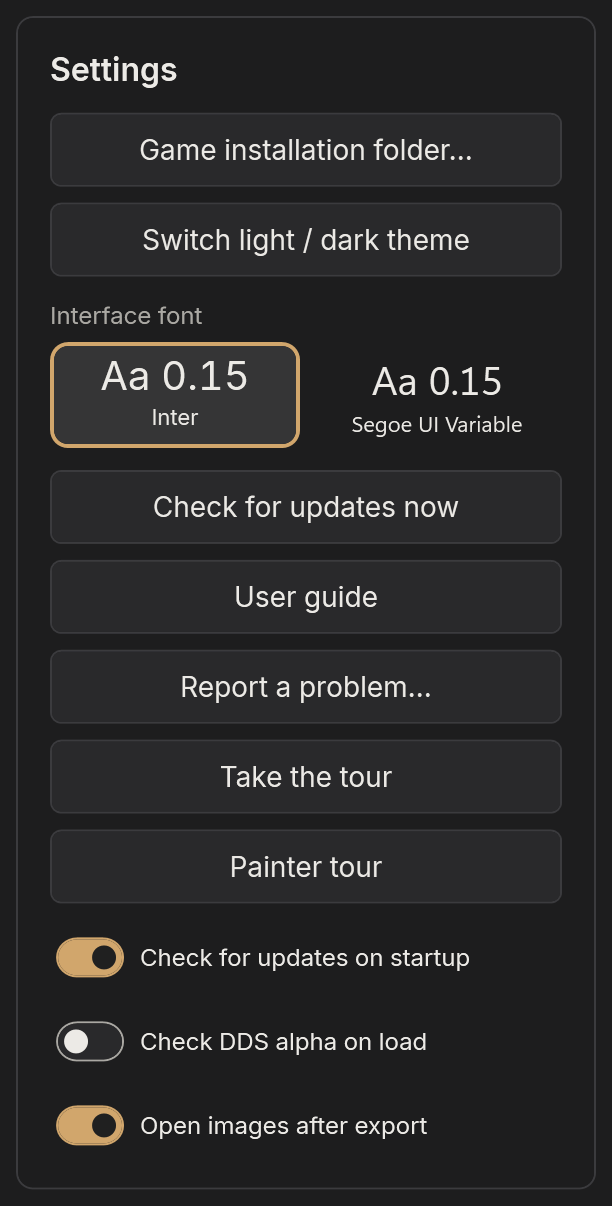 The Settings menu